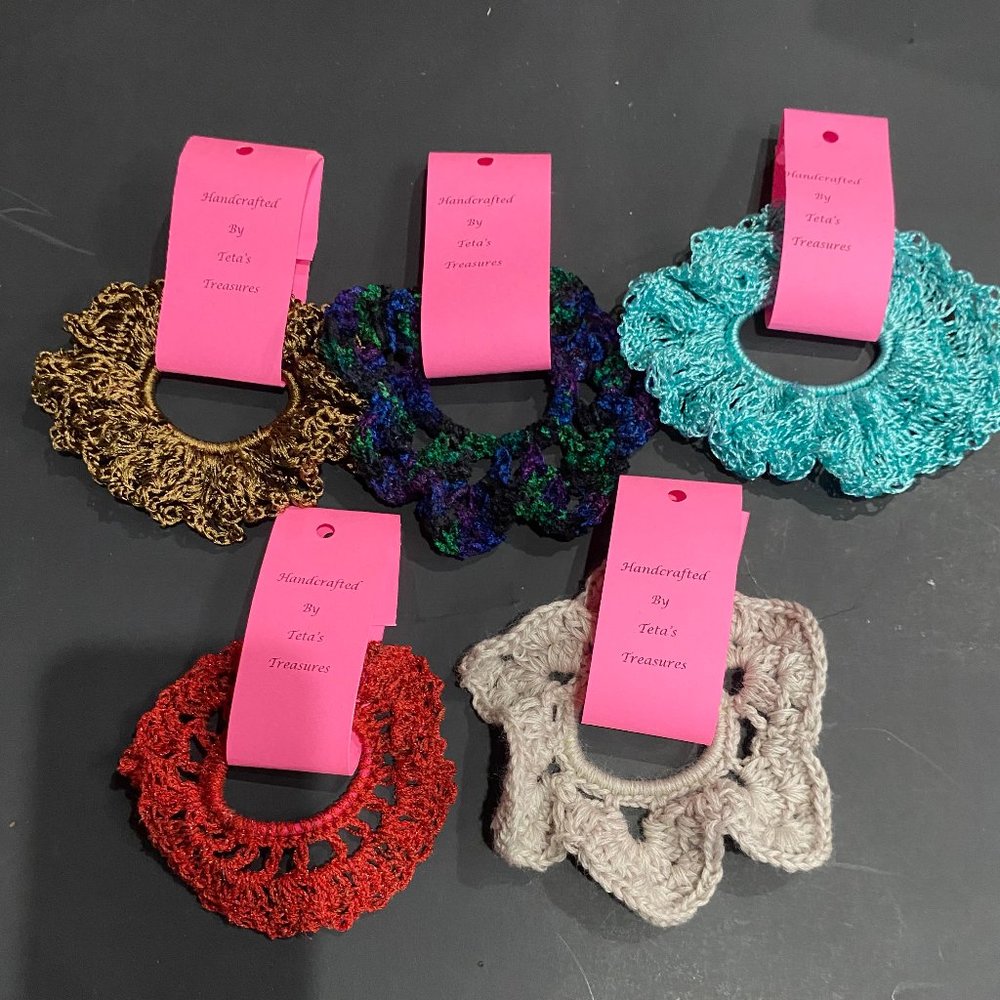5  Scrunchy Scrunchies Hair Tie Lot Crochet Crocheted Hand Crafted  Handmade